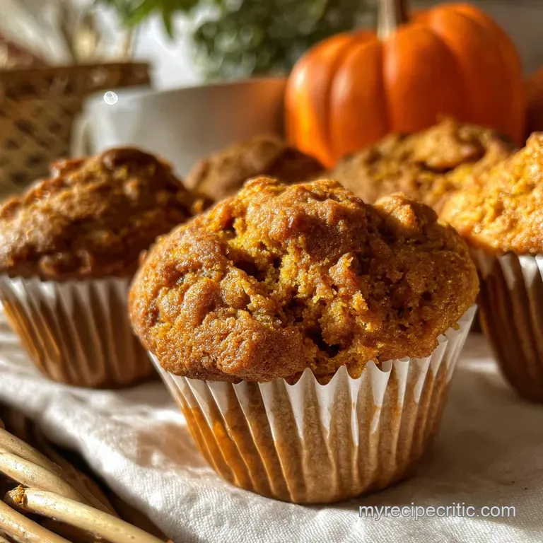 A single pumpkin muffin on a rustic wooden board, its moist crumb visible. Hints of spice and warmth invite a delicious bite.