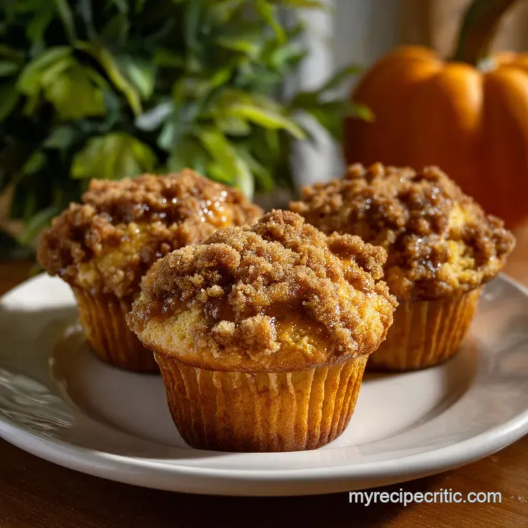 Warm pumpkin muffin on a rustic plate, streusel glistening, a cozy and inviting autumn treat with coffee.