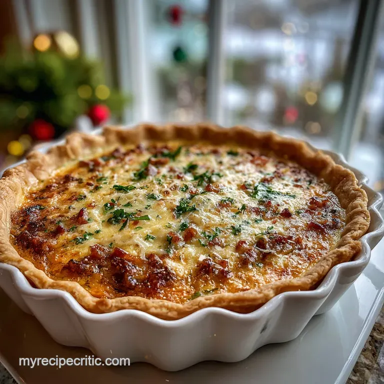 Slice of golden quiche on a white plate. Delicate, browned top and visibly rich filling. Parsley sprig garnish and clean p...