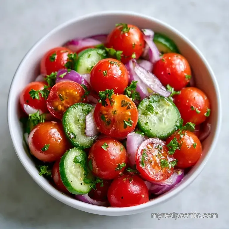 Bright red cherry tomatoes and sliced cucumbers tossed in a clear glaze, served in a white ceramic bowl with herbs.