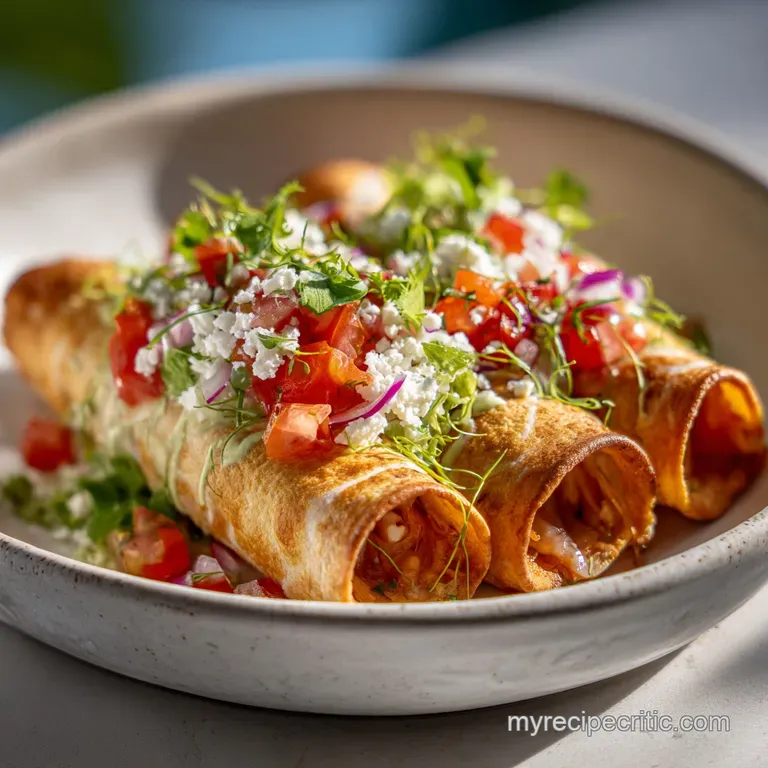 Crisp chicken flautas plated with vibrant toppings. The dish features creamy avocado, bright tomato and crisp lettuce.