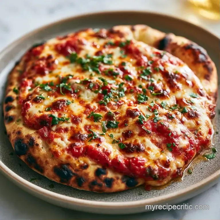Slices of toasted flatbread with gooey melted cheese and bright red sauce on a minimalist white ceramic plate.