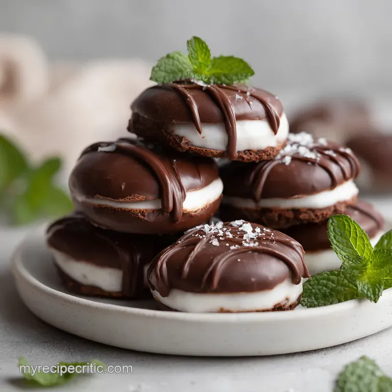 A single peppermint patty on a white plate. Dark chocolate glistens against the stark background. Mint filling smooth and ...