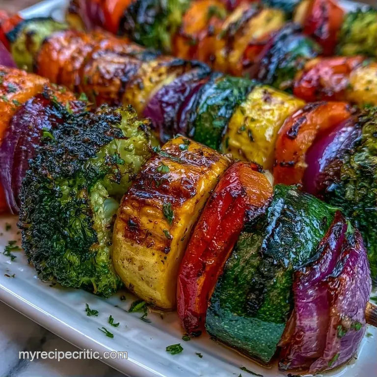 Vibrant grilled vegetable skewers arranged neatly on a white ceramic plate with a side of creamy dipping sauce.