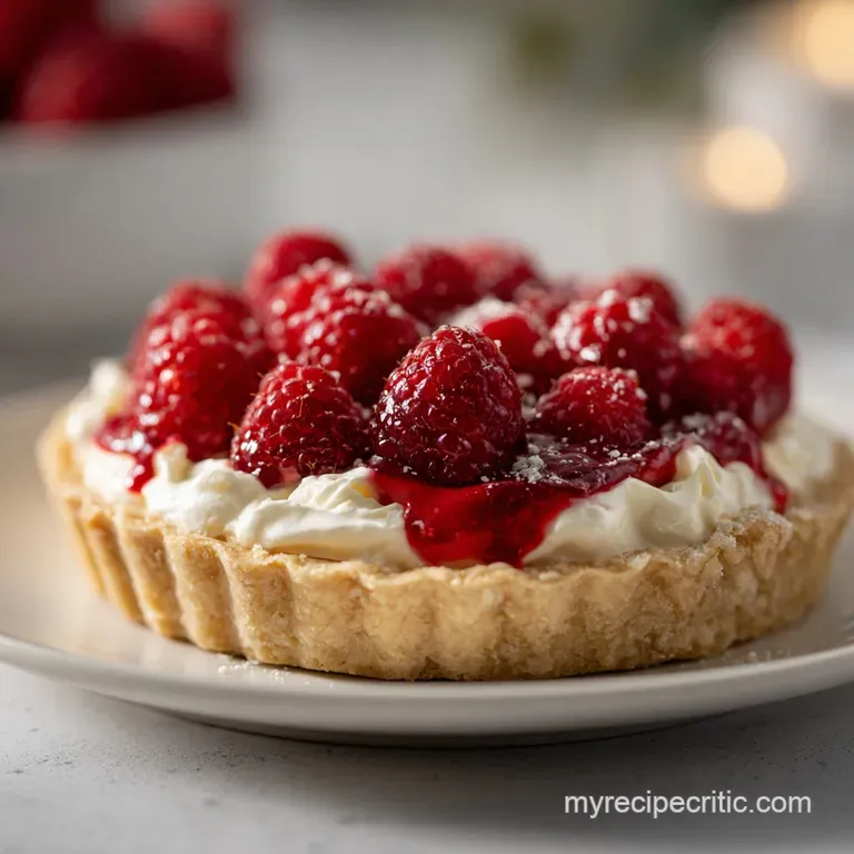 A slice of smooth cream pie, its layers visible, adorned with fresh raspberries and a delicate dusting of powdered sugar.