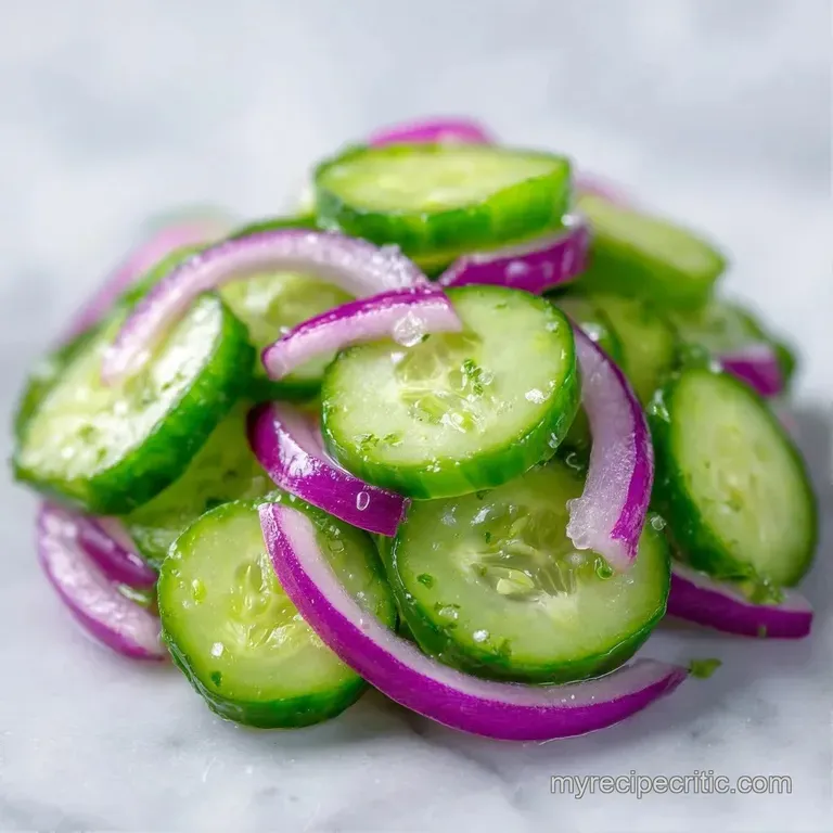Vibrant purple onion and pale green cucumber slices piled high in a white ceramic bowl with a sprinkle of herbs.
