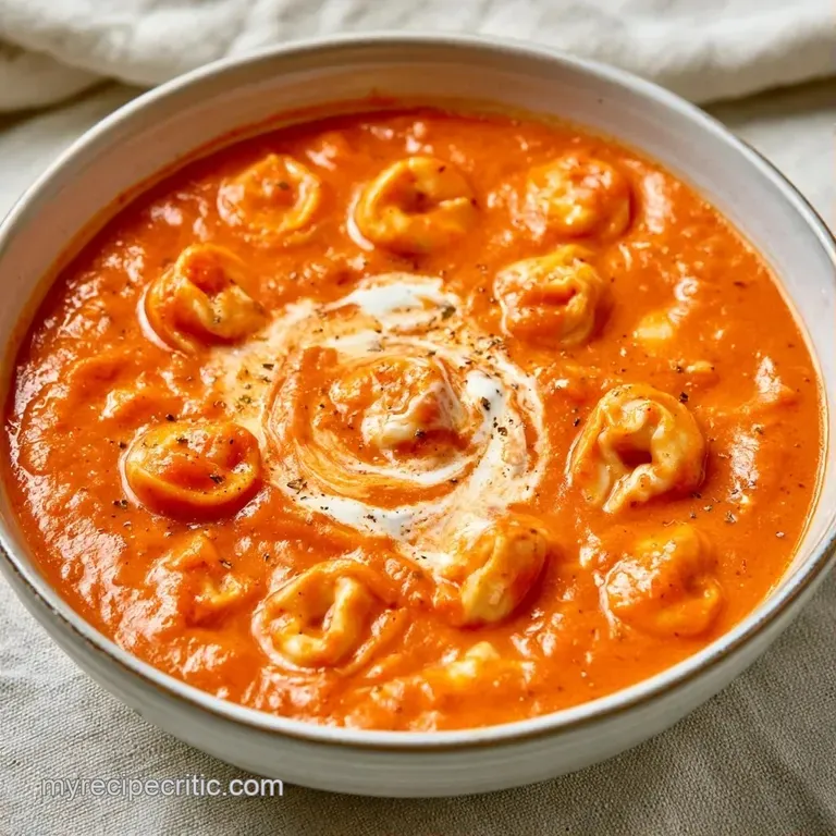 Elegant ceramic bowl of vibrant orange soup with cheese tortellini and a sprinkle of green herbs on a wooden table.