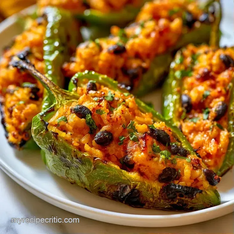 Three stuffed green peppers arranged on a white ceramic platter, garnished with fresh cilantro and lime wedges.