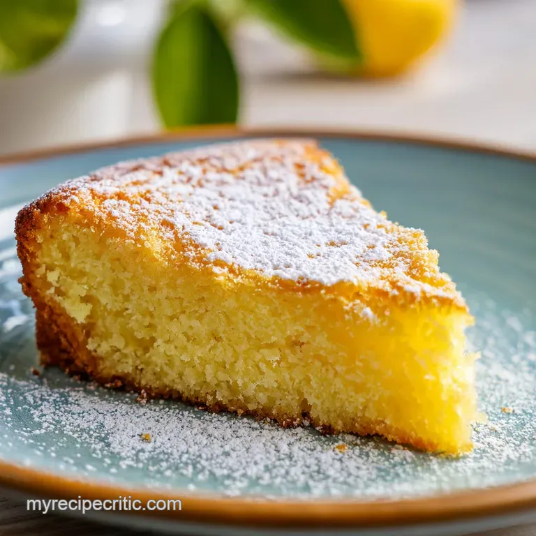 A slice of golden cake with a creamy white center on a minimalist plate, garnished with fresh berries and mint.