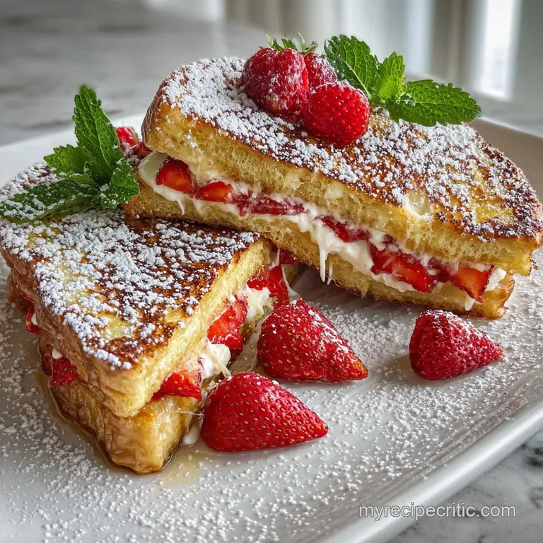 Elegant plate featuring thick brioche slices with glossy glaze, artfully arranged alongside fresh berries and a sprinkle o...