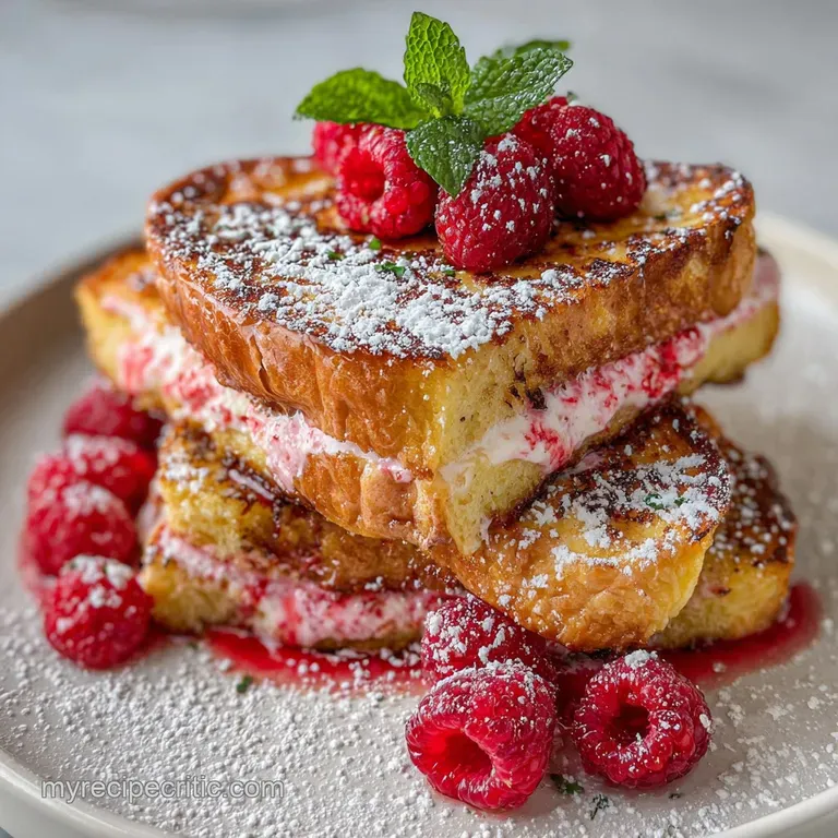 Overhead shot of golden, custardy brioche slices drizzled with shiny, dark balsamic glaze, scattered with vibrant red berr...