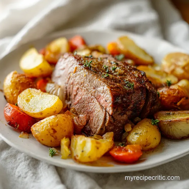 A slice of juicy roast beef with vibrant, herb-roasted potatoes and carrots. Rich brown gravy pools around the meat.