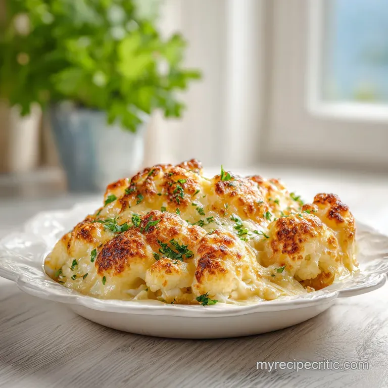 A generous portion of cauliflower cheese, plated with herbs. Cheesy sauce glistening. Steaming and flavorful.