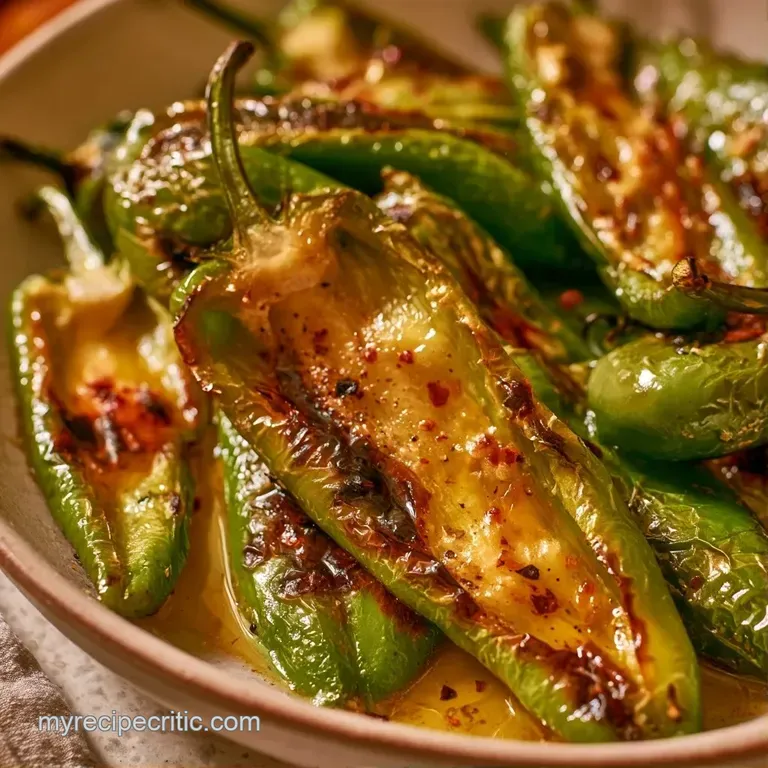 Tender charred green peppers neatly stacked on a slate board, garnished with fresh parsley and sea salt crystals.