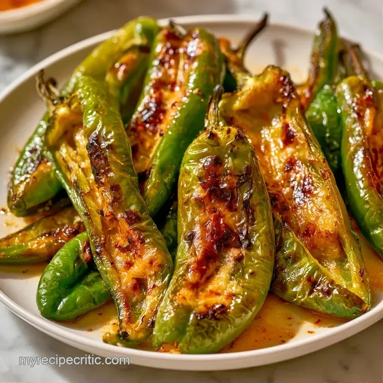 Soft, charred green peppers neatly arranged on a white dish, topped with fresh parsley and a drizzle of oil.