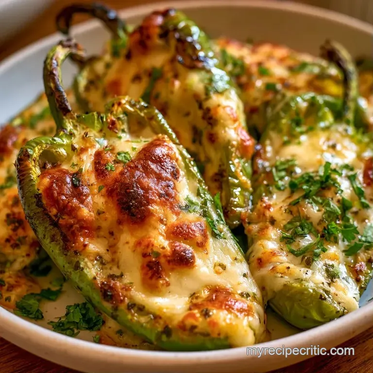 Golden-brown melted cheese atop charred green peppers served on a white plate with a sprinkle of fresh green herbs.