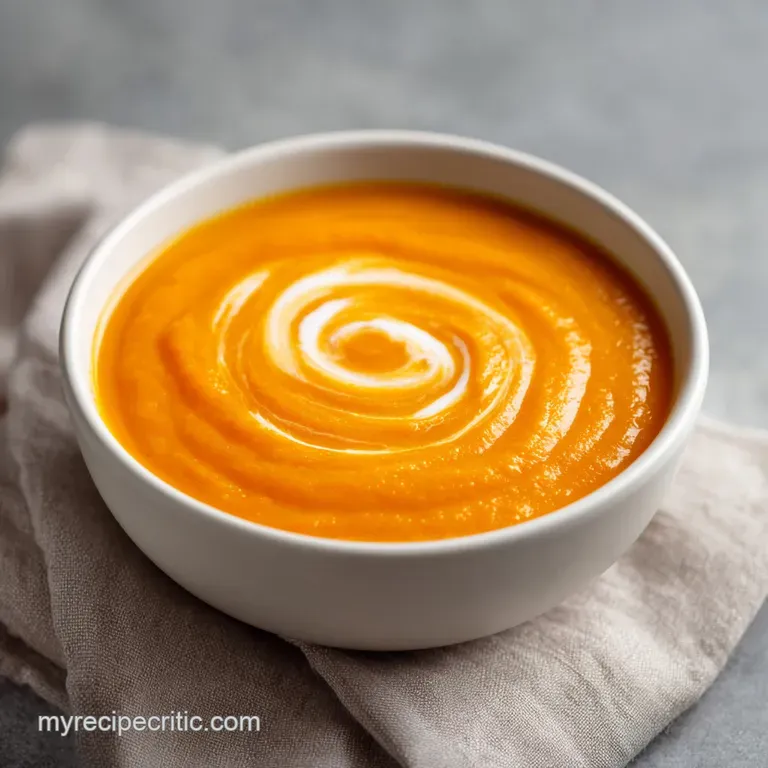 Vibrant orange puree in a modern bowl, garnished with a sage leaf, served alongside a slice of toasted sourdough.