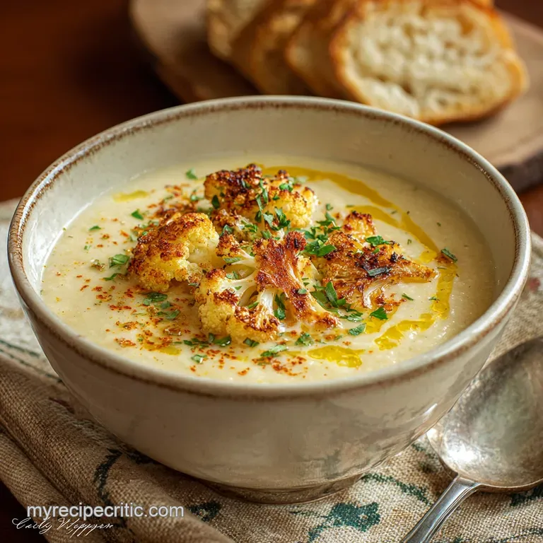 Roasted Cauliflower Soup with White Cheddar and Crispy Herb Oil presentation