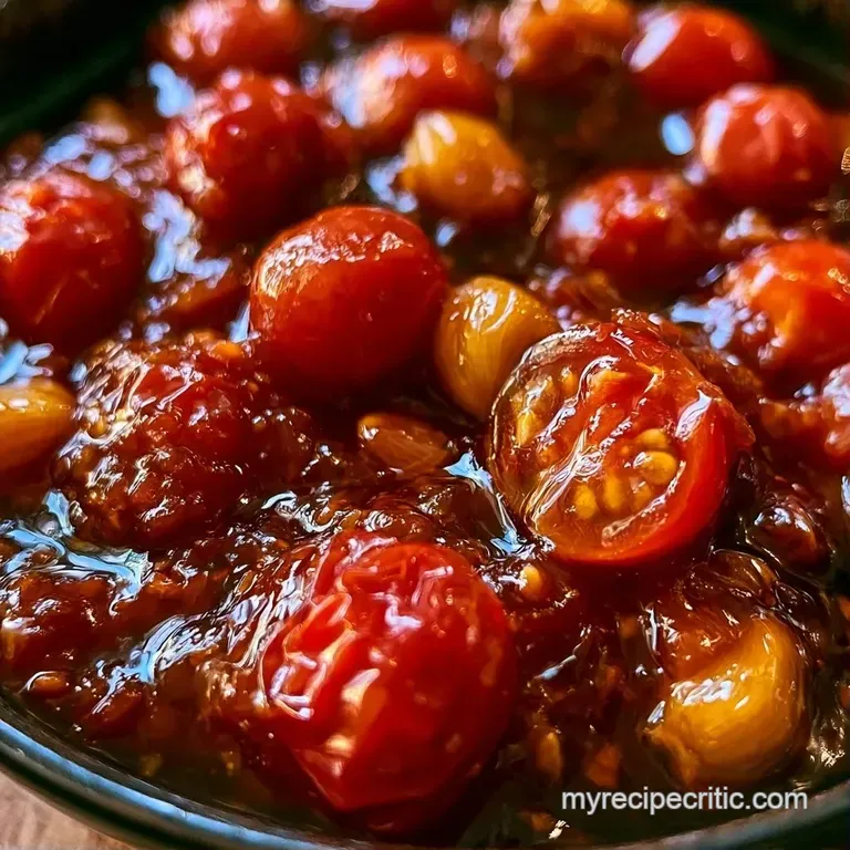 Glossy red tomato sauce drizzled over pasta, garnished with a sprig of basil and a sprinkle of white parmesan.