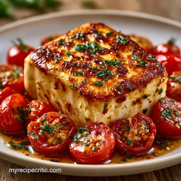 Vibrant red burst tomatoes and creamy white melted cheese served in a shallow oven dish with toasted garlic cloves.