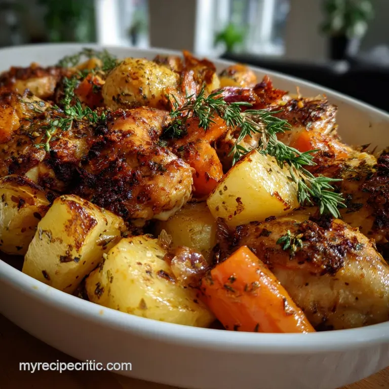 Crispy golden-brown chicken pieces atop a vibrant medley of roasted vegetables, showcasing colorful carrots, peppers, and ...
