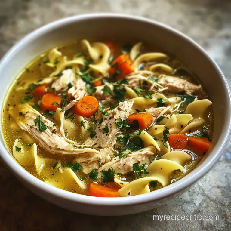 A spoonful of steaming chicken noodle soup lifted, revealing tender chicken, glistening broth, and vibrant chopped vegetab...