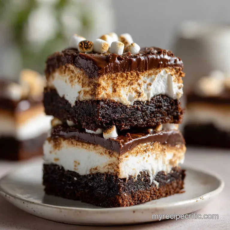 S'mores brownie bar plated with a scoop of vanilla ice cream, drizzled chocolate sauce, and sprinkled with graham cracker ...