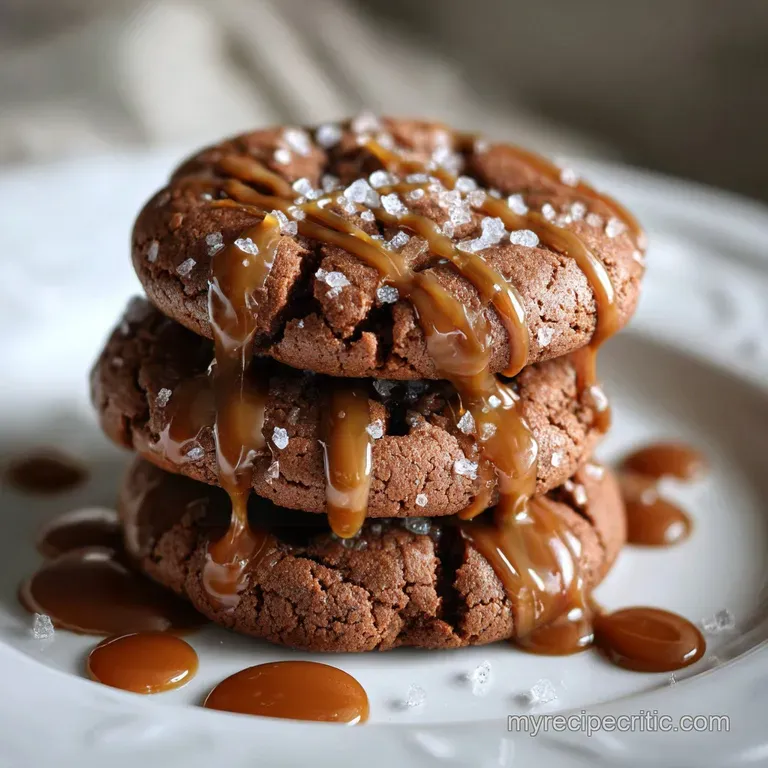 Stacked salted caramel chocolate cookies show soft centers. Caramel oozes slightly, contrasting with the crisp edges and f...