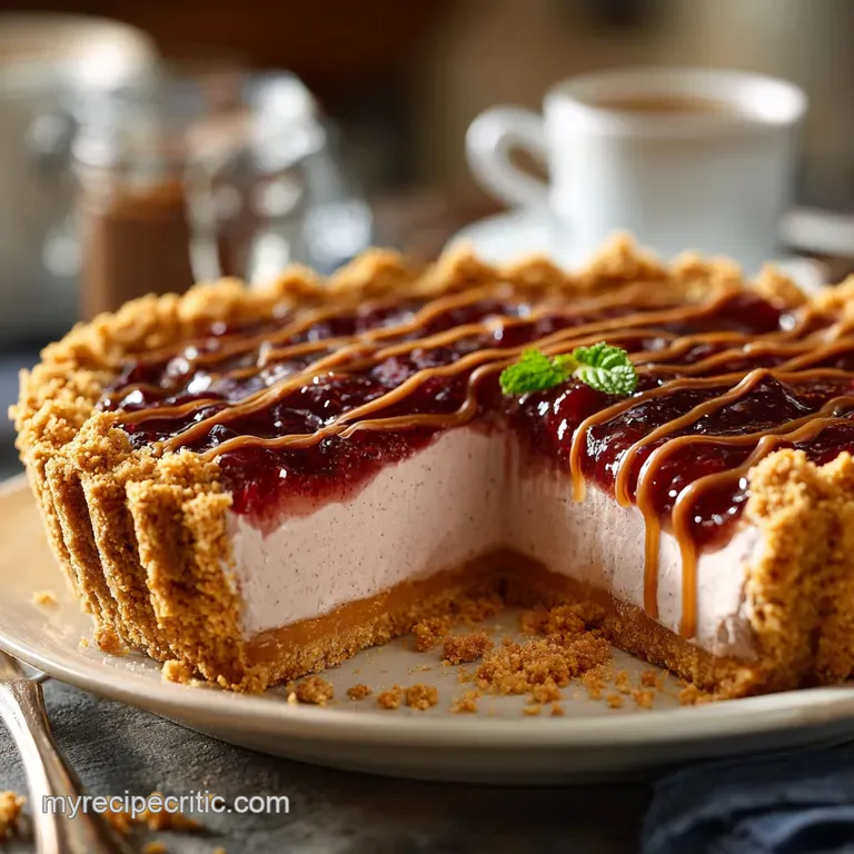 Nobake Peanut Butter and Jelly Pie with Salty Pretzel Crust presentation