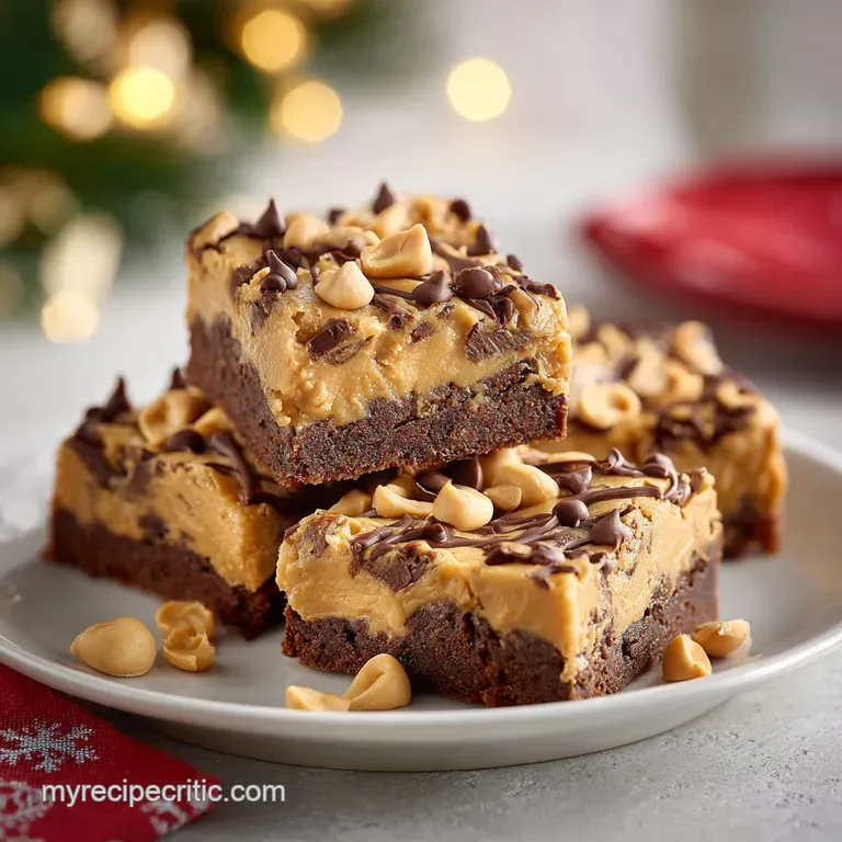 A neat square of peanut butter bar, topped with whipped cream and a mini candy cane.