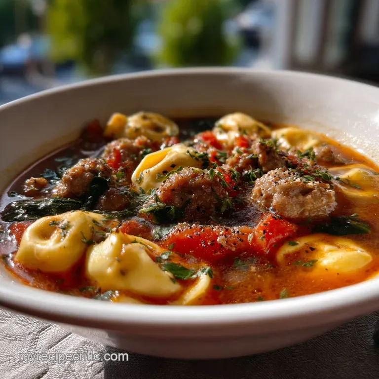 Elegant white bowl filled with creamy sausage tortellini soup, featuring a swirl of fresh pesto and a dusting of grated pa...