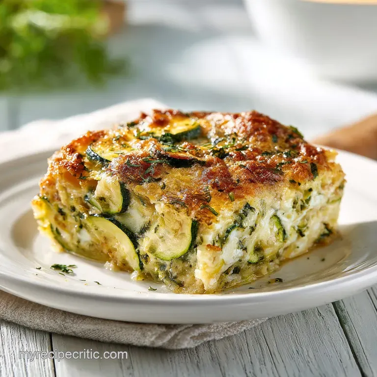 A warm slice of zucchini casserole, showcasing tender vegetables and a bubbly, golden crust.