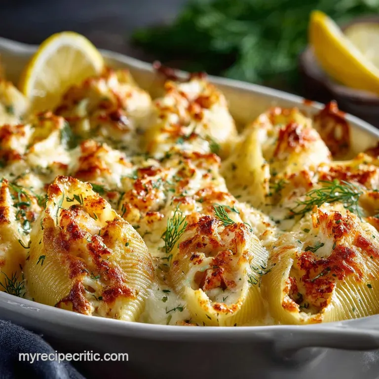 Seafood Stuffed Shells with Creamy Lemondill Sauce Coastal Comfort presentation
