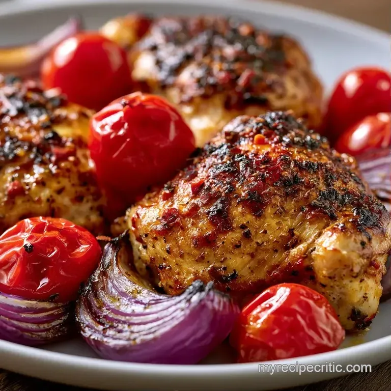 Tender golden chicken pieces arranged with bursting red tomatoes and fresh parsley on a white ceramic plate.