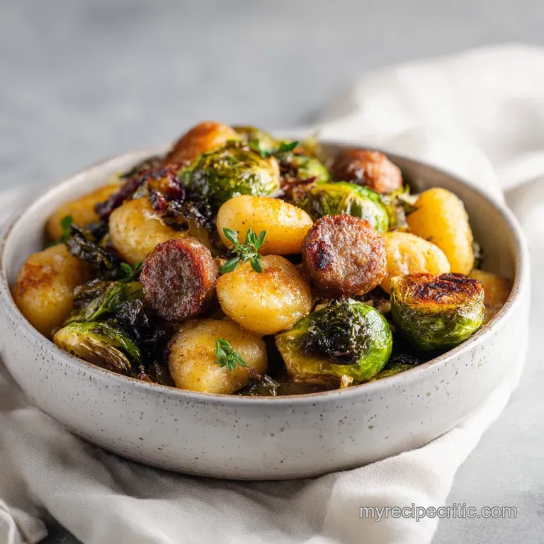 Plump gnocchi, tender sprouts, and crumbled sausage arranged beautifully on a white plate.