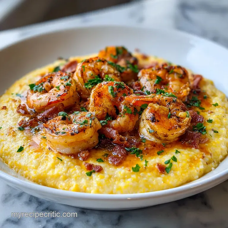 Perfectly arranged shrimp and grits, garnished with vibrant green scallions and a drizzle of golden oil on a white plate.