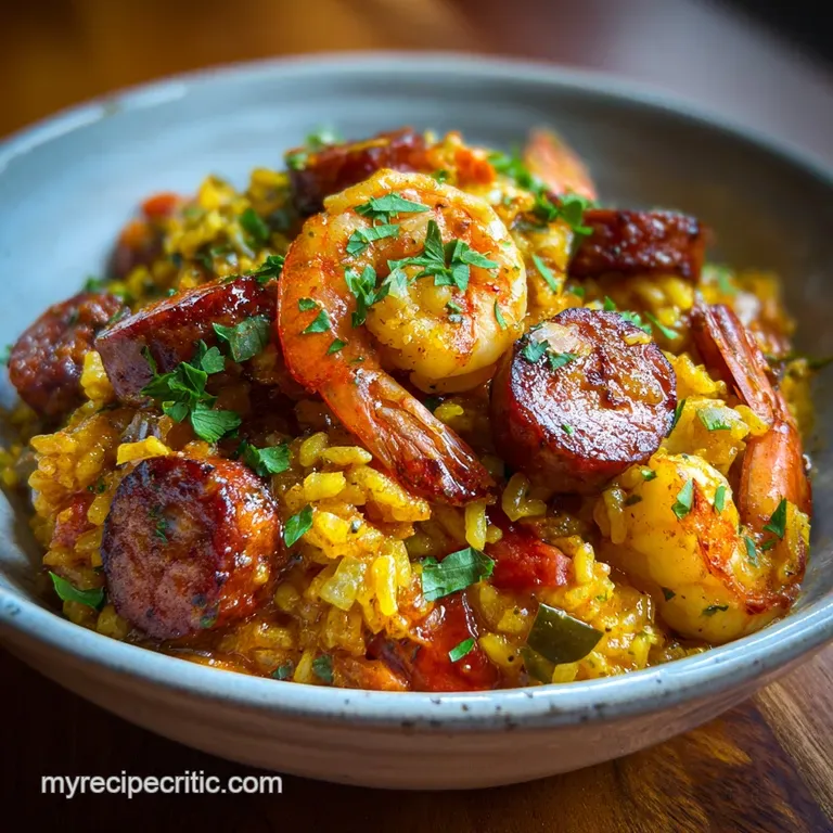 Elegant Jambalaya plate. Steaming rice studded with shrimp & sausage, garnished with vibrant green herbs. Inviting and fla...