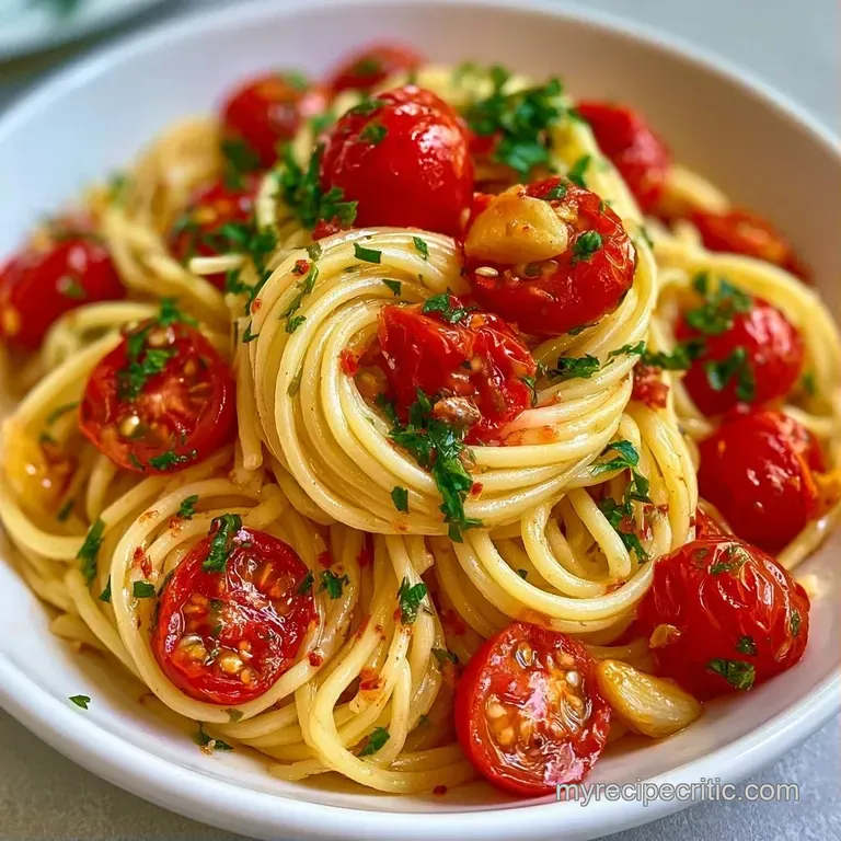 Glossy blistered tomatoes and aromatic garlic drizzled over al dente pasta, garnished with a sprig of fresh basil.