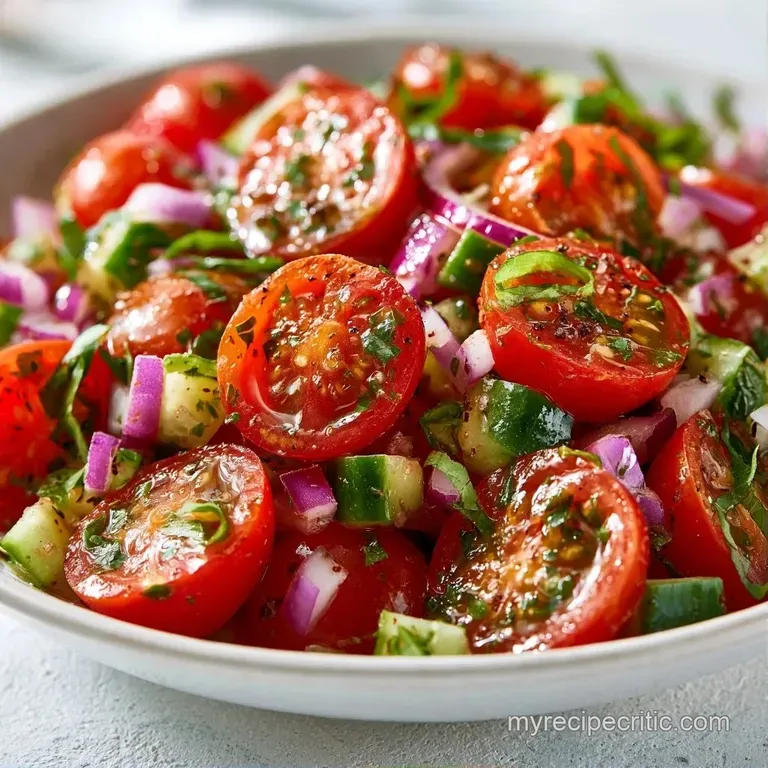 Vibrant red and yellow cherry tomatoes artfully arranged on a white platter with crumbles of creamy white feta.