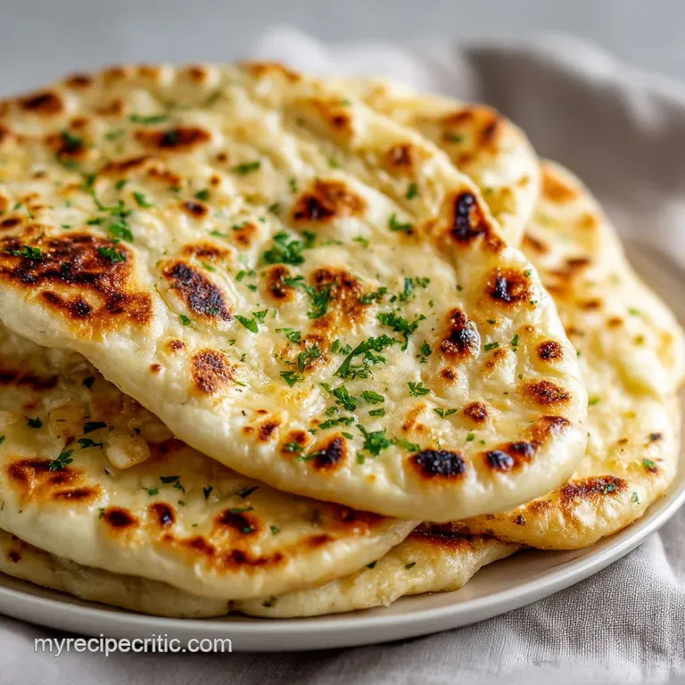 Pillowy naan bread, brushed with melted butter and herbs, presented on a rustic wooden board, inviting and aromatic.