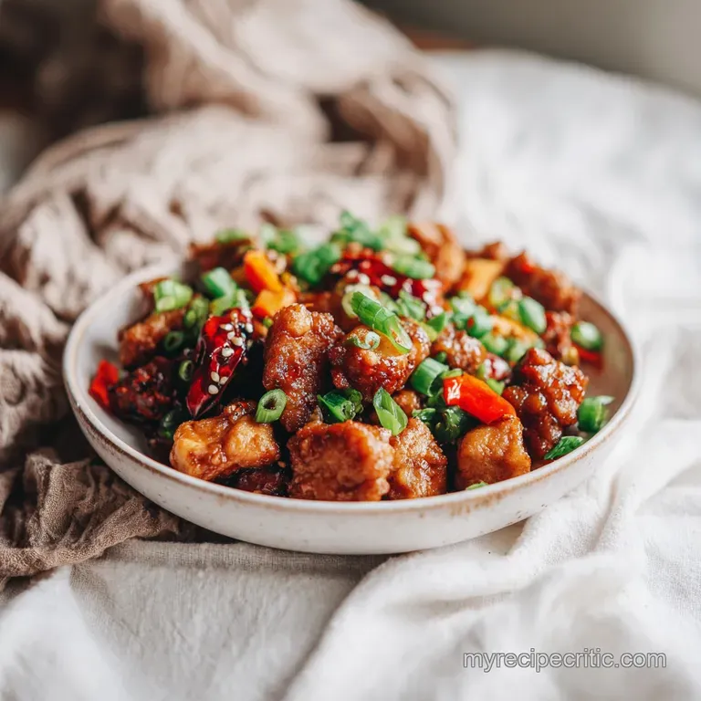 A colorful mound of Kung Pao chicken topped with fresh green onions and a sprinkle of toasted sesame seeds.
