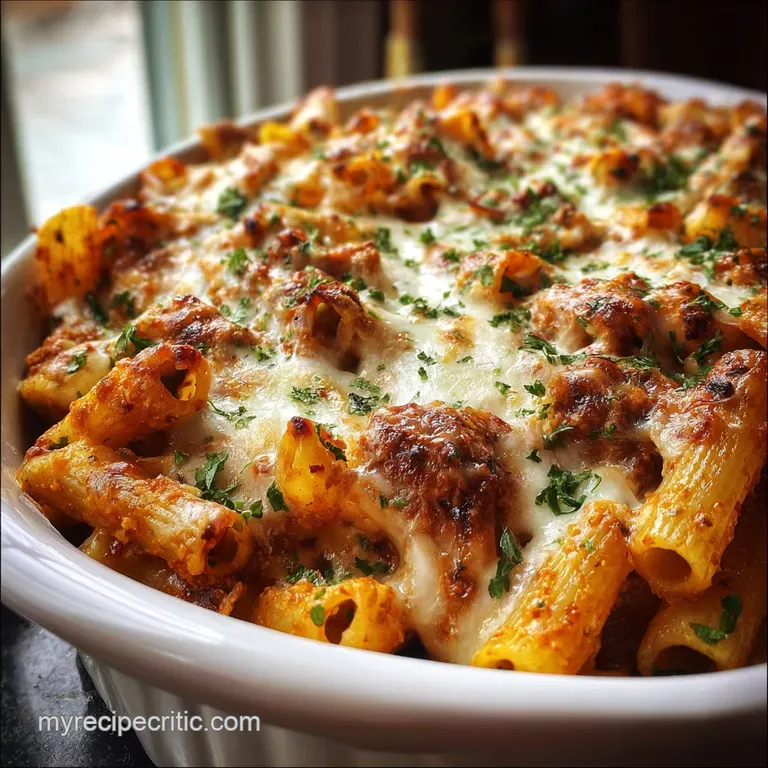 Creamy baked ziti portion, cheesy crust, served in a rustic dish, garnished with fresh basil; steam rising, inviting warmth.