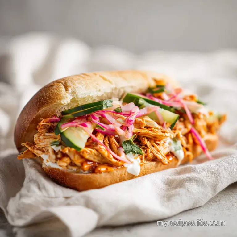 Pulled chicken sandwich plated with crisp green salad, showcasing juicy chicken and a vibrant, tangy sauce.