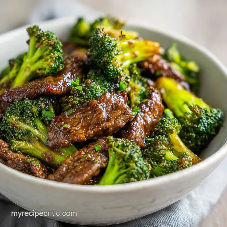 A vibrant mound of glossy beef and broccoli piled high, garnished with sesame seeds and green onions.