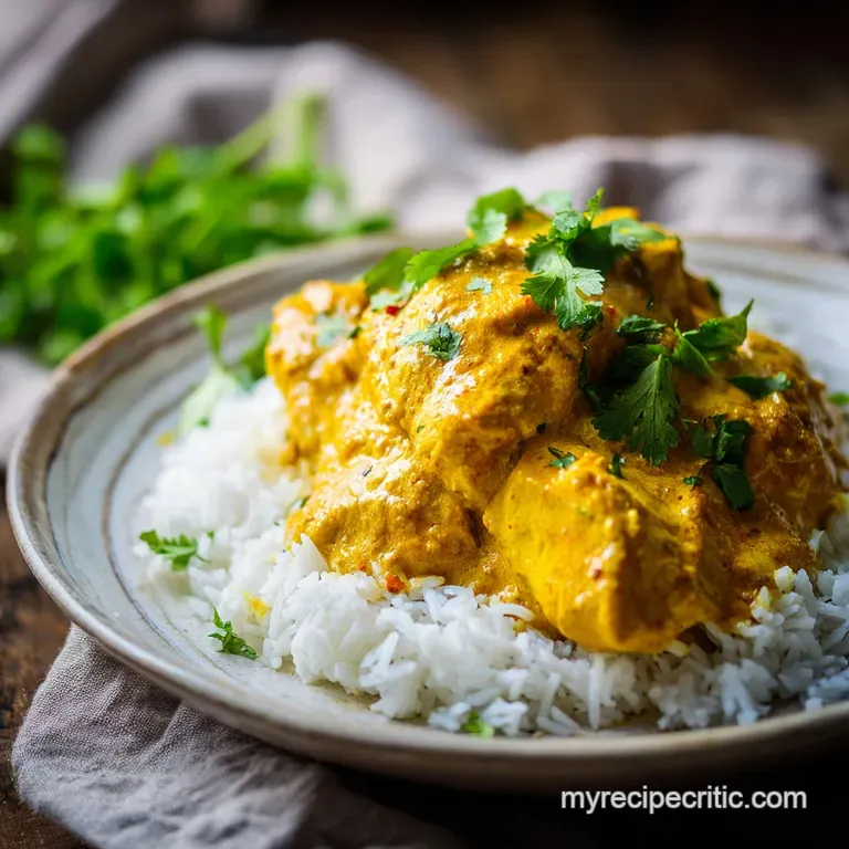 Elegant plate of chicken korma with fluffy basmati rice. Sprinkled coriander adds a fresh, bright green touch. Warm, invit...