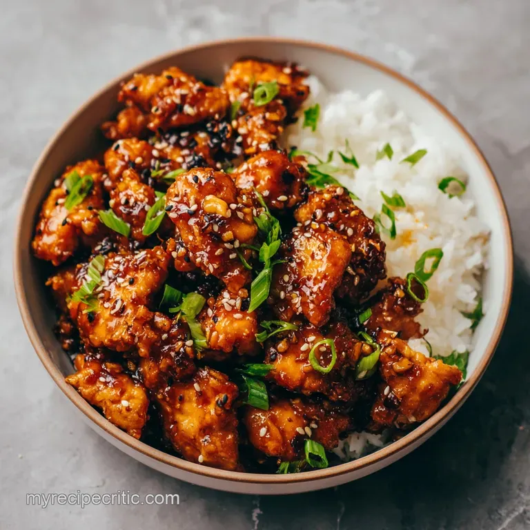 Tender chicken coated in glossy sauce, served atop fluffy white rice with bright green garnish.