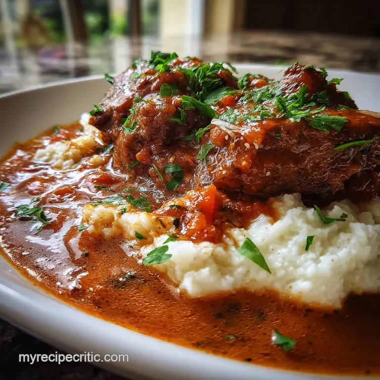 A gleaming ladle lifts rich, dark red gravy with chunks of meat over a bed of glistening pasta in a white bowl.