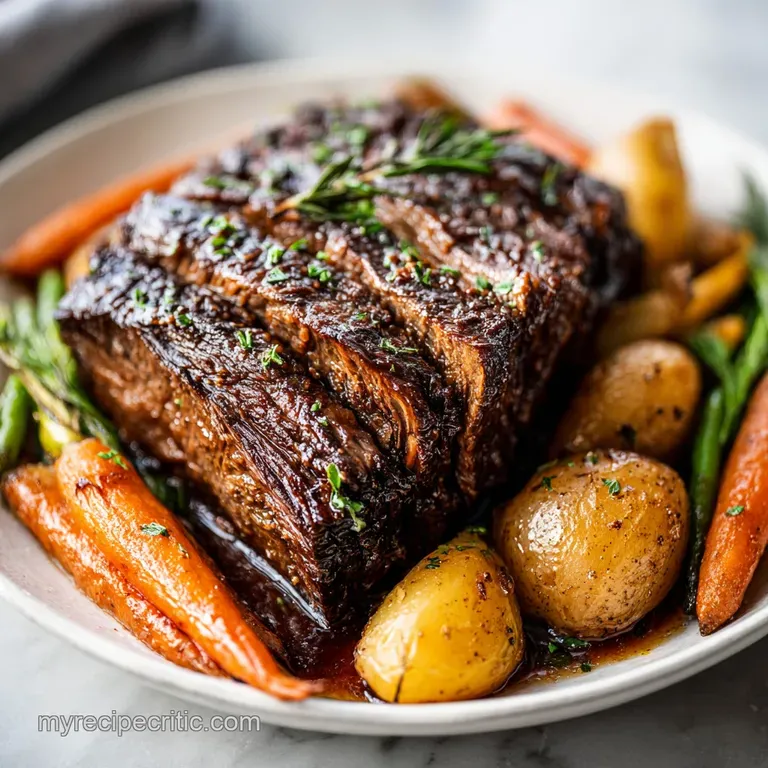 Tender slices of pot roast arranged on a plate, bathed in glossy gravy, with glazed carrots and fluffy mashed potatoes alo...