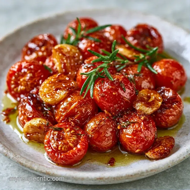 Charred red tomatoes arranged on a white ceramic plate with a drizzle of olive oil and fresh green basil leaves.