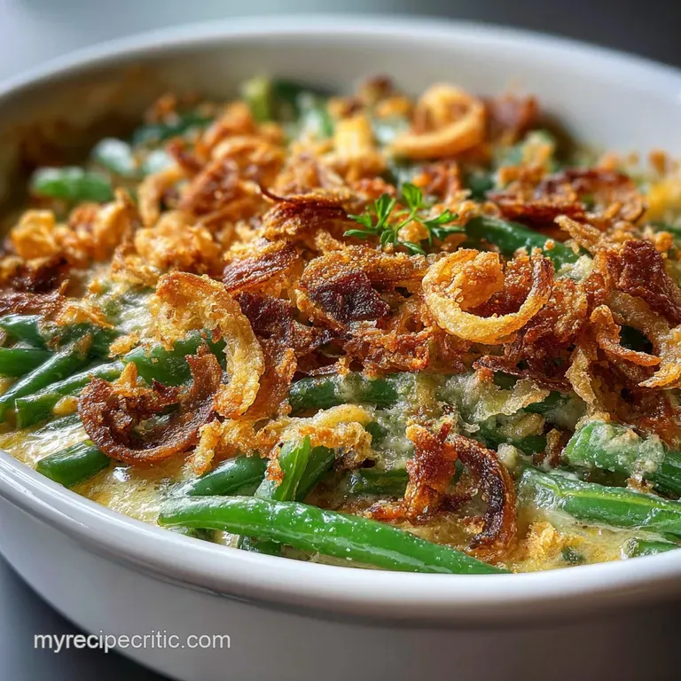 Individual serving of green bean casserole, garnished with parsley, showcasing the creamy sauce and crunchy onion topping ...